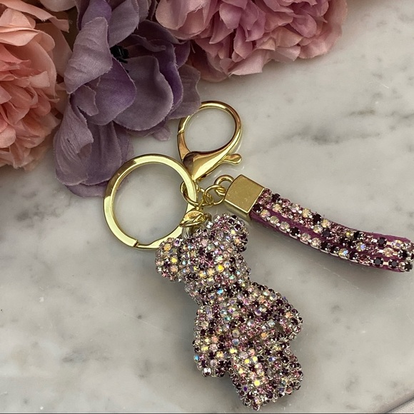 Multicolor Purple Crystal & Leather Strap Bear Keychain - Picture 8 of 13